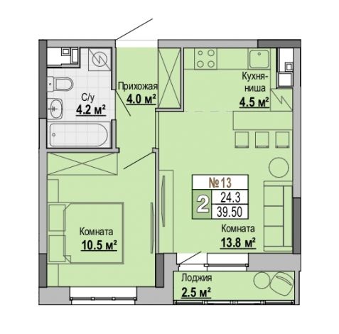 1.5, пл. 39.50 кв.м. - ЖК "Тетрис"