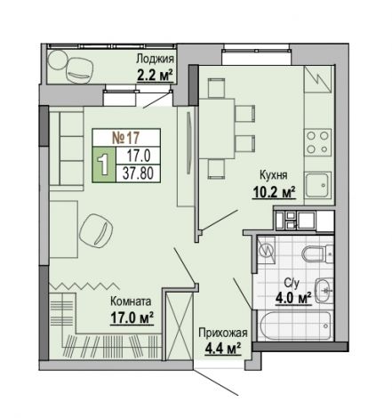 1, пл. 37.80 кв.м. - ЖК "Тетрис"