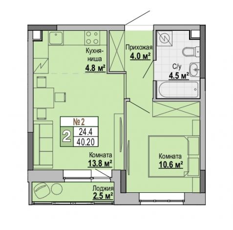 1.5, пл. 40.20 кв.м. - ЖК "Тетрис"