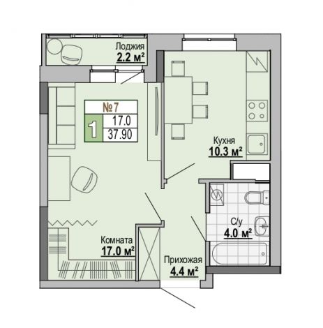 1, пл. 37.90 кв.м. - ЖК "Тетрис"