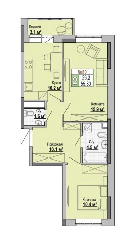 2, пл. 55.80 кв.м. - ЖК "Тетрис"