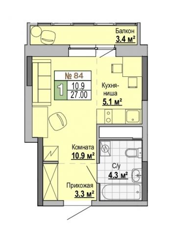 Студия, пл. 27.00 кв.м. - ЖК "Тетрис"