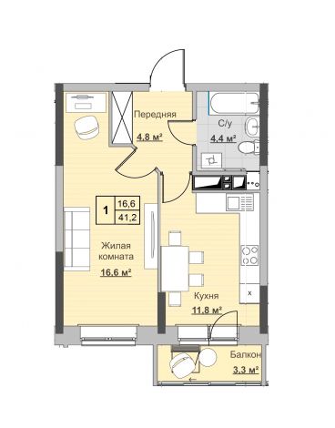 1, пл. 41.20 кв.м. - ЖК «Новый Сосновый»