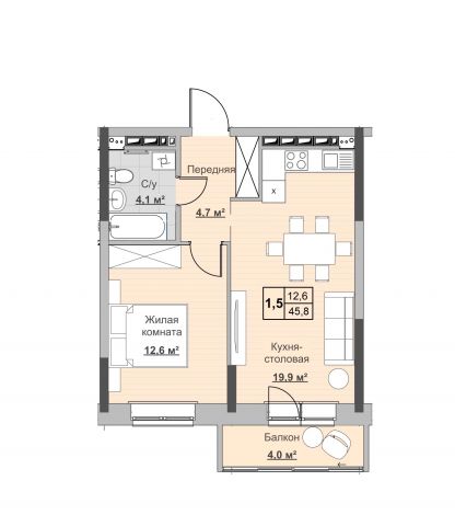 1.5, пл. 45.80 кв.м. - ЖК «Новый Сосновый»