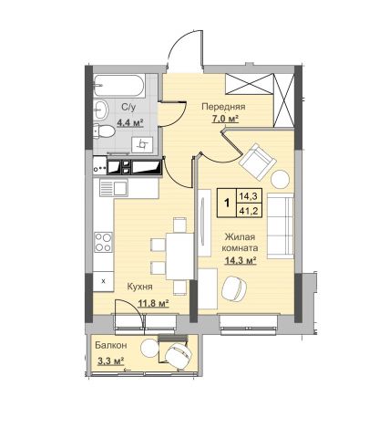 1, пл. 41.20 кв.м. - ЖК «Новый Сосновый»