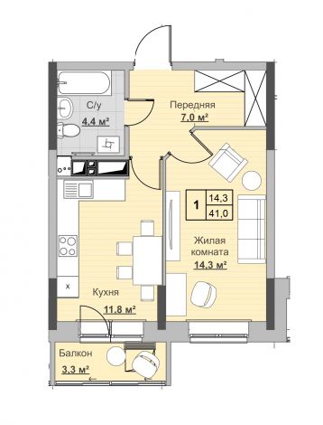 1, пл. 41.00 кв.м. - ЖК «Новый Сосновый»