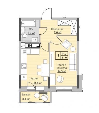 1, пл. 41.00 кв.м. - ЖК «Новый Сосновый»