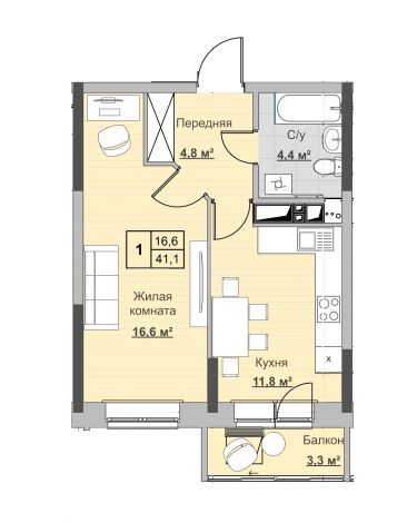 1, пл. 41.10 кв.м. - ЖК «Новый Сосновый»