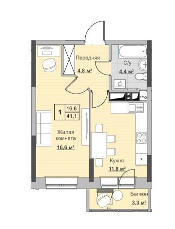 1, пл. 41.10 кв.м. - ЖК «Новый Сосновый»