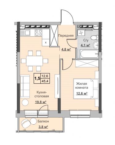 1.5, пл. 45.40 кв.м. - ЖК «Новый Сосновый» 1.5, пл. 45.40 кв.м. - ЖК «Новый Сосновый»