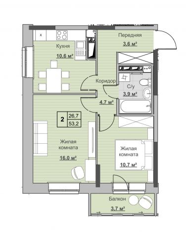 2, пл. 53.20 кв.м. - ЖК «Новый Сосновый»