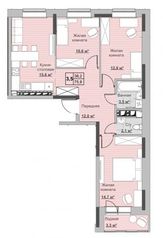 3.5, пл. 75.90 кв.м. - ЖК «Новый Сосновый»