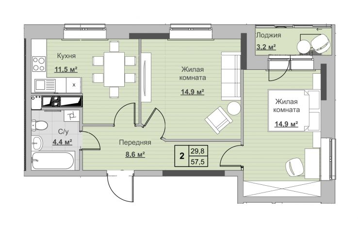 2, пл. 57.50 кв.м. - ЖК «Новый Сосновый»