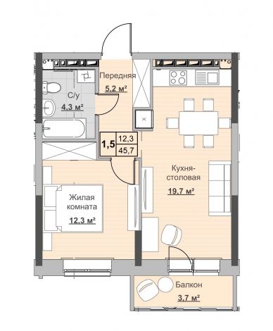 1.5, пл. 45.70 кв.м. - ЖК «Новый Сосновый»