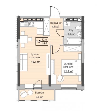 1.5, пл. 45.60 кв.м. - ЖК «Новый Сосновый»