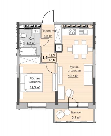 1.5, пл. 45.60 кв.м. - ЖК «Новый Сосновый»