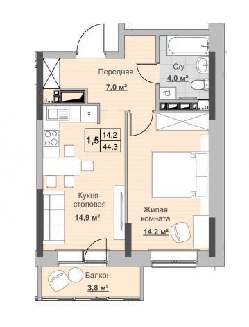 1.5, пл. 44.30 кв.м. - ЖК «Новый Сосновый»