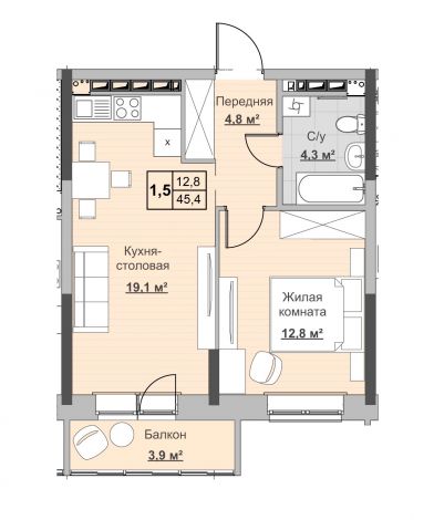 1.5, пл. 45.40 кв.м. - ЖК «Новый Сосновый»