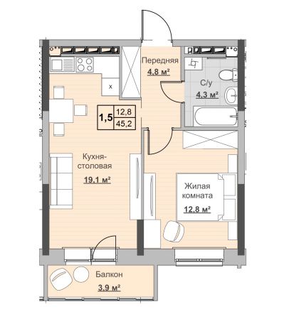 1.5, пл. 45.20 кв.м. - ЖК «Новый Сосновый»