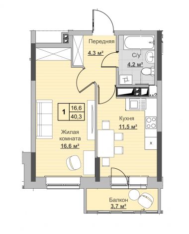 1, пл. 40.30 кв.м. - ЖК «Новый Сосновый»