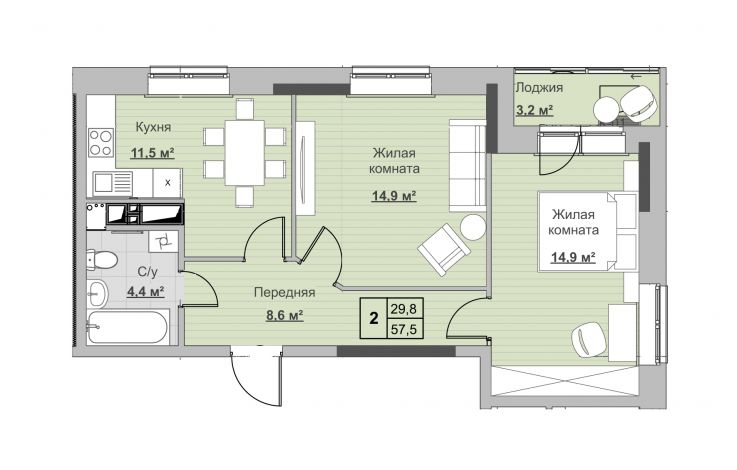 2, пл. 57.50 кв.м. - ЖК «Новый Сосновый»