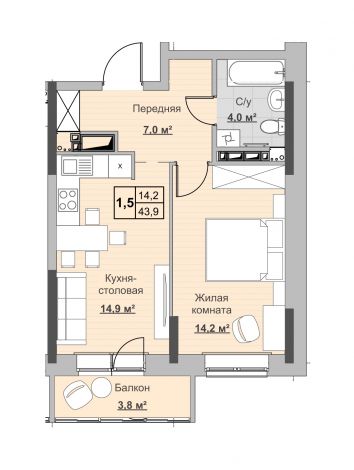 1.5, пл. 43.90 кв.м. - ЖК «Новый Сосновый»