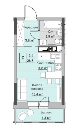 Студия, пл. 28.70 кв.м. - ЖК «Новый Сосновый»